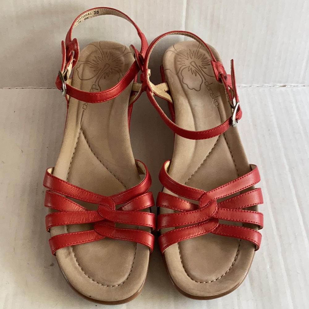 Dansko red ankle strap sandal criss cross at toe